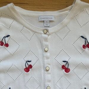 Charter Club Cherry Print Pointelle Cardigan Sweater White Red XL